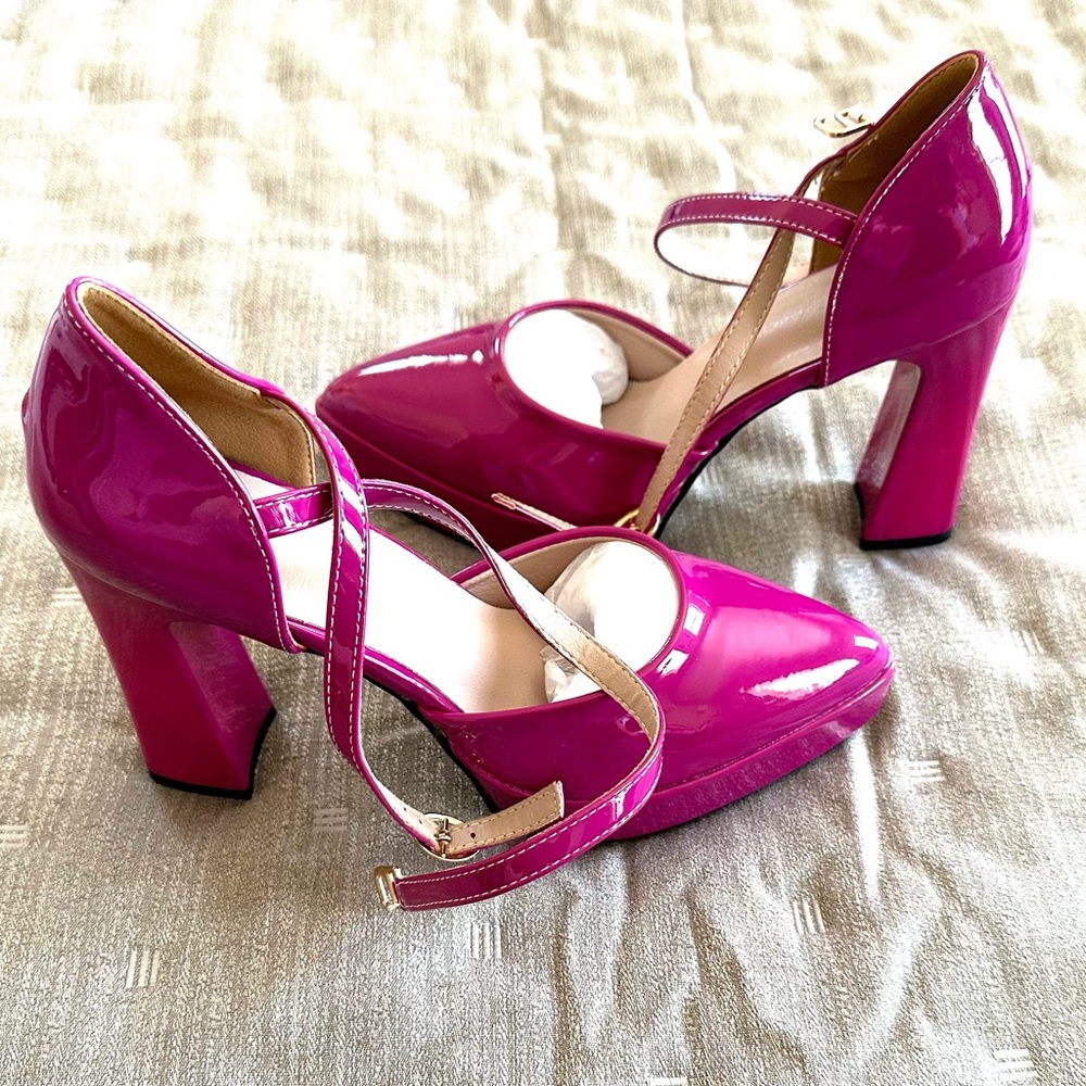 Fuscia Pink High Heels Size 6.5 Buckle Strap Pointy Toe NEW IN BOX - Picture 2 of 7